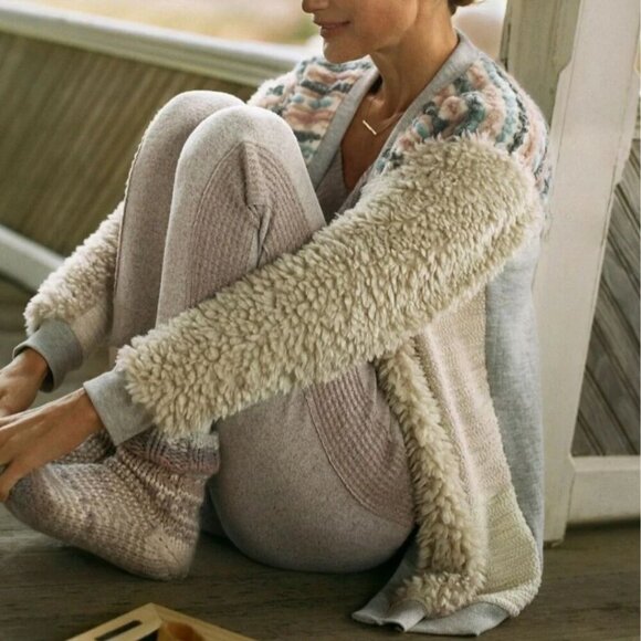 Anthropologie Ivory Sherpa Sweater Jacket Large Womens – Open Front Cozy Shacket - Picture 9 of 10